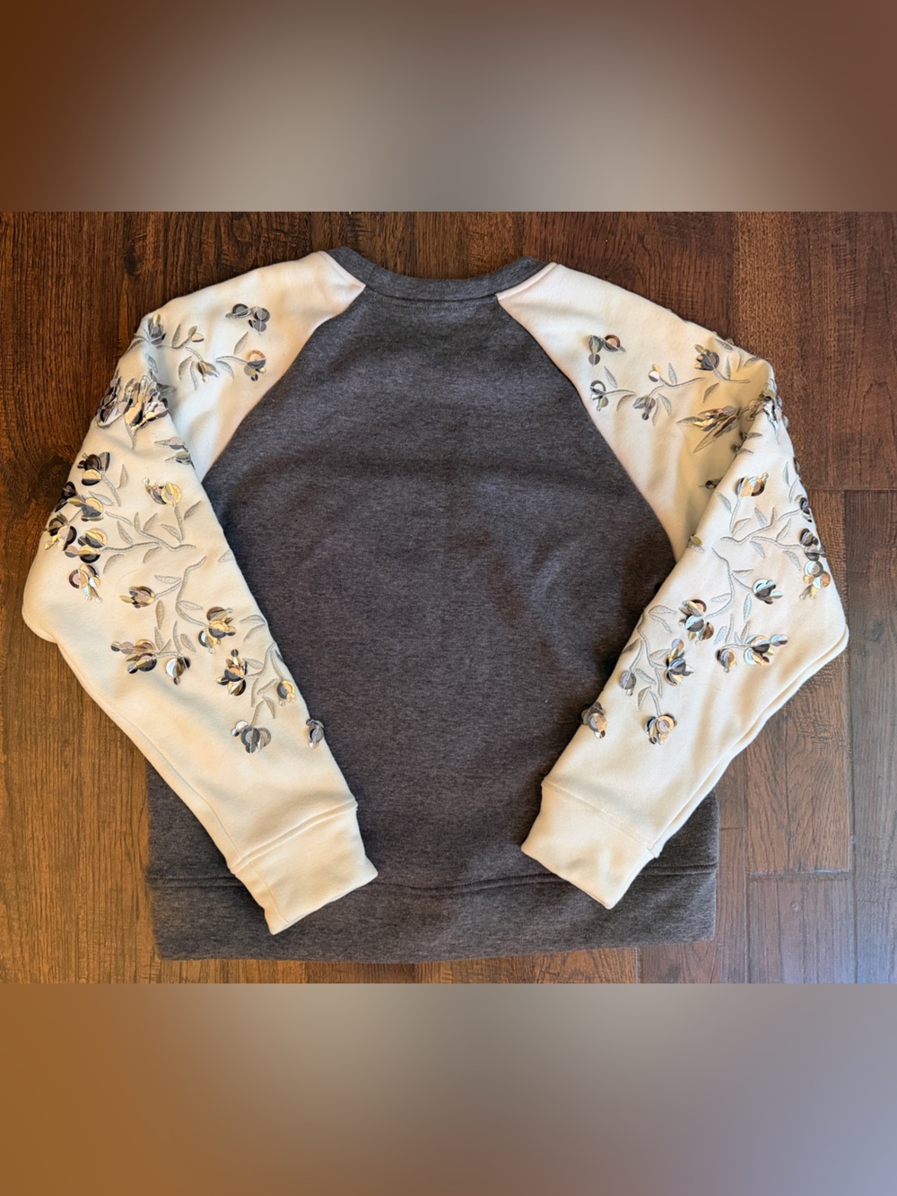 NWT Rebecca Taylor Embellished Sleeve Sweatshirt Small Gray Ivory Sequin Floral - Picture 3 of 4